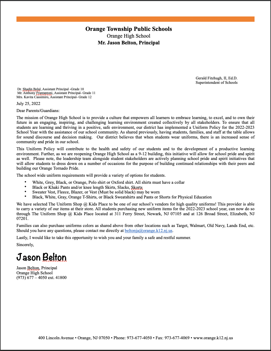 Uniform Letter to Parents